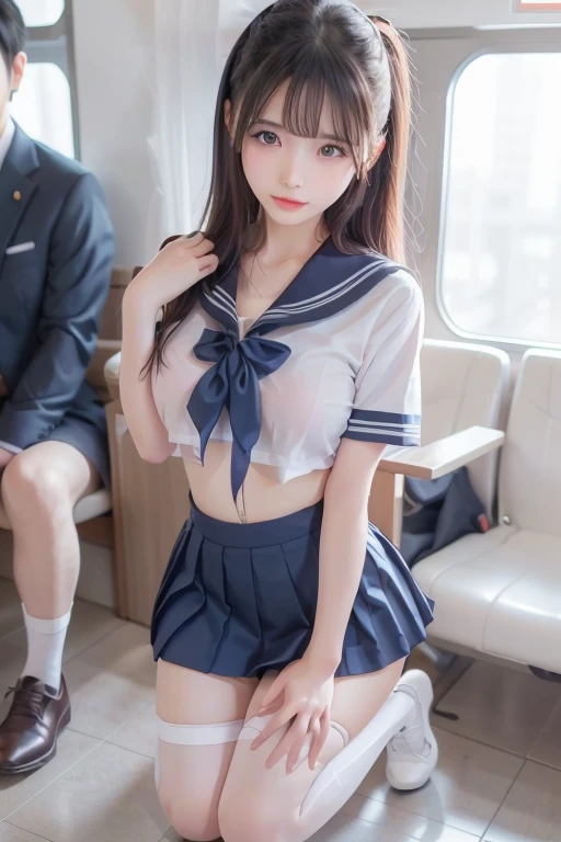 top-quality, ultra-detailliert, ​masterpiece, realisitic, Photo Real, Bright lighting, 1 girl in, Very beautiful 16 year old girl,  (kawaii:1.2), Smile, (Brown eyes), (brown haired), (bangss), perfect glossy skin, flawless skin, ((erotick,Sexy and sexually explicit)), ((accurate hands without incongruity)), large full breasts, big breasts thin waist, Look at viewers, ((a sailor suit)), ((Short sleeve uniform white shirt)), (red necktie), (plaid pleated skirt), ((Black Knee High Socks)), (lifted by self), (Showing panties), panties on, panties focus, ((Sit up)), (Loafer shoes), during daytime, On the train, Horizontal long seat with your back to the window