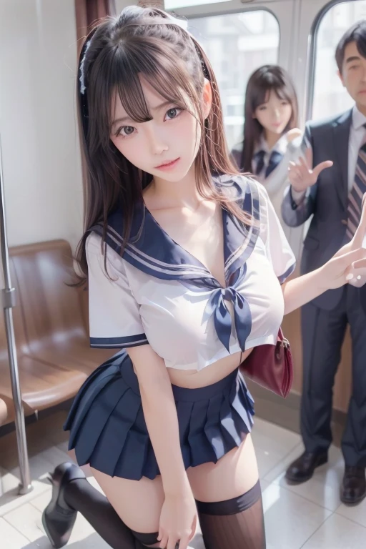 (Sexy idol with beautiful very young face with gentle and attractive Japan),Grab from behind、12 year old sexy idol、((High school girl in white sailor suit with short short sleeves)),(Sailor collar),(Grabbing your butt from behind on a crowded train)、(Dark blue pleated skirt with a curled up:1.3)、Omeko Beautiful Girl1a person、((Japan man grabs schoolgirl ass from behind))、((((molesting))))、Touching your buttocks from behind on the bus、(red blush)、((huge-breasted)),Sexy Girl、((Very small face))、(((sexual act、erotick)))、((Skirt flipped up、I can see panties))、(High twin tails)Large hair ribbon、high-level image quality、realisitic、(((agony、angry expressions)))、(((Japan men in suits touch chest and crotch)))、((Japan men in suits grab huge breasts))、(((On a crowded train)))、((Striped panties)),Turned,((angry looking face:1.4))