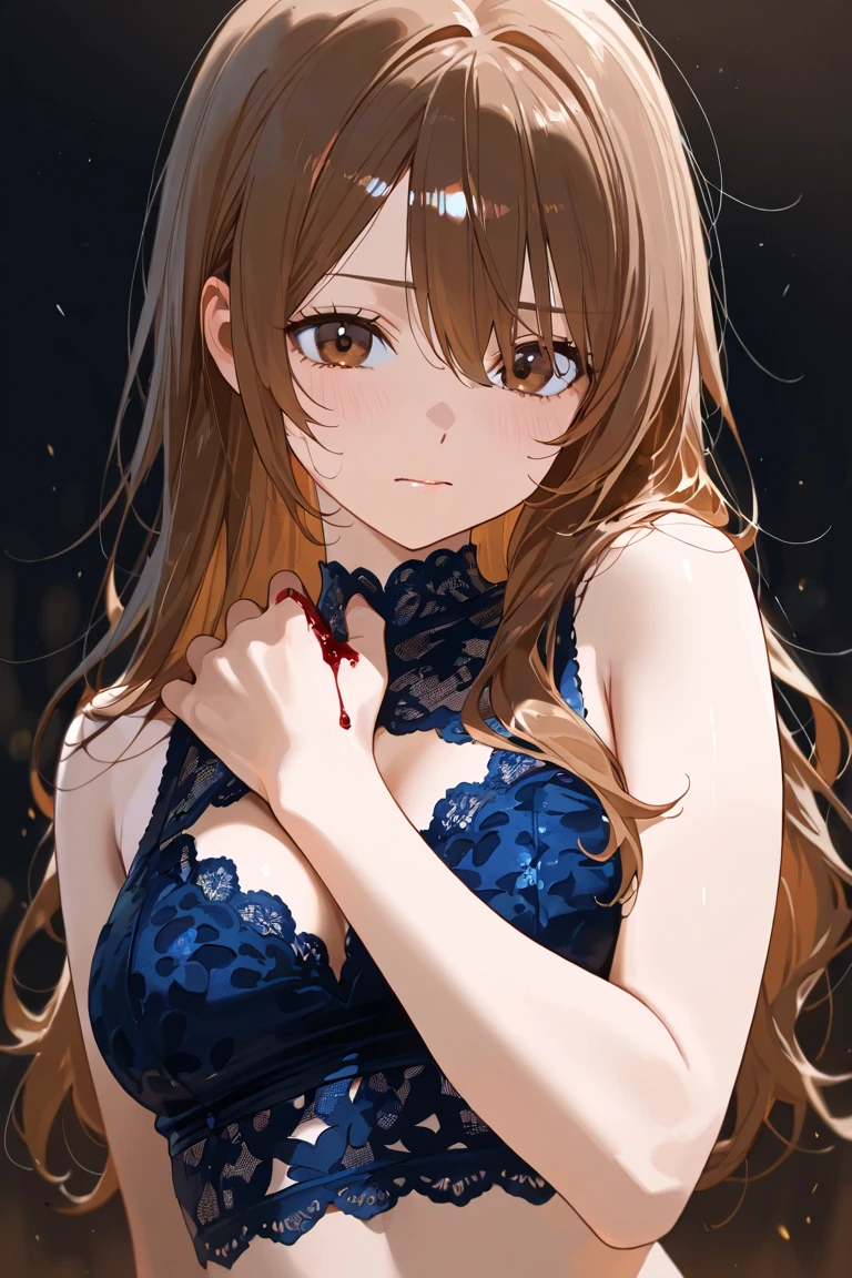 by ttosom, 1 girl, blue eyes, brown hair, long hair with bangs, bust, upper body, bare shoulders and collarbones, looks at the viewer, creepy look, small smile, empty eyes, blood on her face, black background, detailed, beautiful, delicate tones