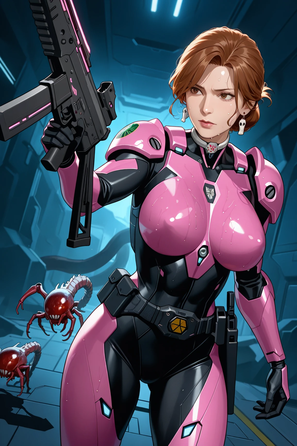 Angelina Jolie (age 25, giga busty, huge breasts, sexy violet clear plastic space suit, thruster pack, bubble dome, big laser rifle) is a scout in an asteroid field, attacked by fembots of the opposing faction (silver and red color scheme), intense space battle, high action and explosions
