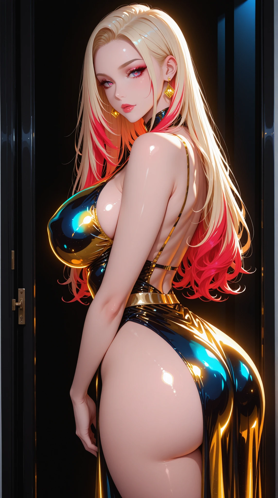 (Melhor qualidade, 4k, Masterpiece :1.3), Beautiful ebony woman, hiper realista, 1girl, (massive breasts, corpo atraente :1.25), abdominais :1.1, (extreme neon rainbow hair), (cabelo cacheado:2), cabelo longo, (molhado chuvoso, molhado da chuva, corpo molhado :1.2), rosto ultra-detalhado, Detailed Lips, detalhado (olhos heterocromia cintilantes:1.55), Double eyelidm, Sensual gold low neck dress golden, decote aberto, seios pendurados, pose lateral, visible curves, festa na piscina, lado da piscina, deitar com amigo, ouro transparente robe ouro, mulher DJ, tocando em uma balada de dub