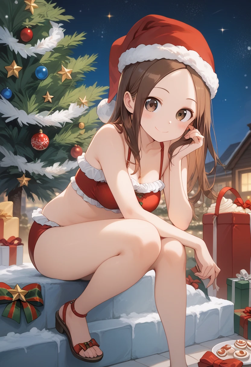 super high quality, 8k, RAW photo, realistic, beautiful woman wearing a super micro bikini, Santa Claus cosplay, beach on a southern island, reindeer, Christmas tree, presents, scattered golden confetti, sunshine