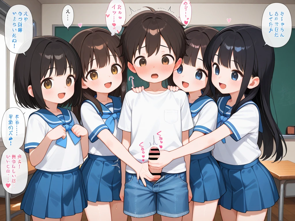 Cute nudist family chases、Many naked elementary school boys are hugging each other、surround each other'neck of、laughter and joy、Group photo、group selfie、in kindergarten at night、From above、run