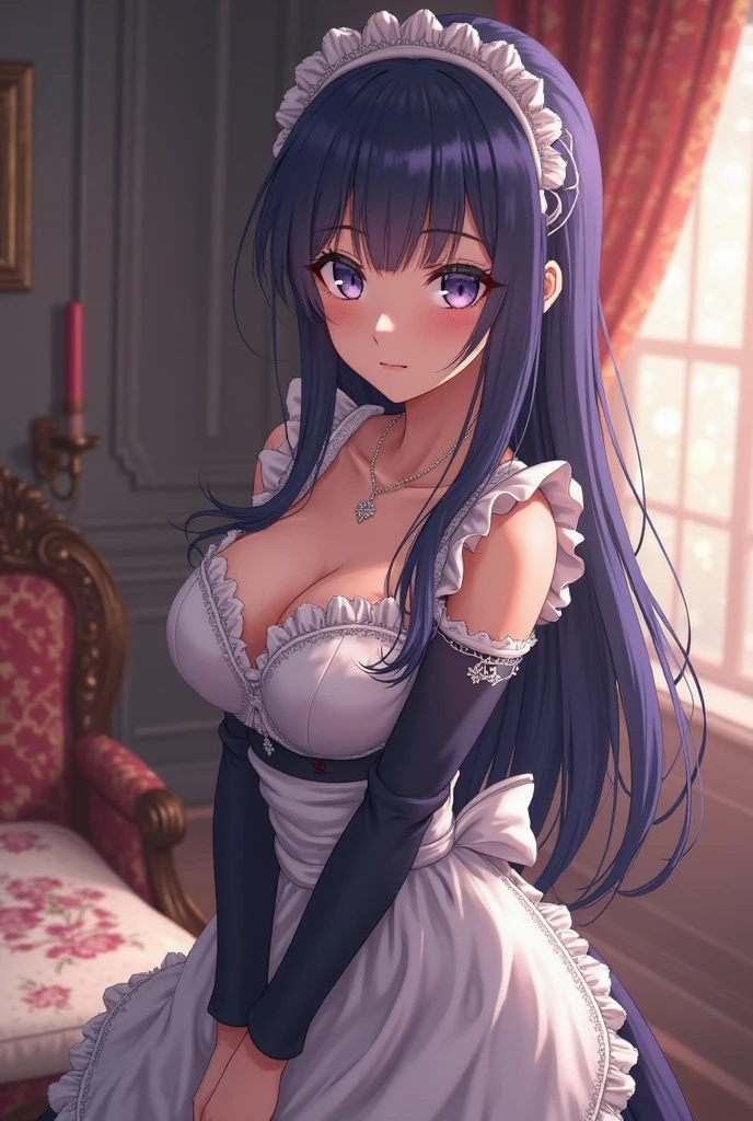 1girl, absurdres, black bow, black gloves, black legwear, blue eyes, blue hair, bow, collarbone, dress, drill hair, frilled dress, frills, gloves, gwen \(league of legends\), hair ornament, highres, league of legends, long hair, parted lips, puffy sleeves, pink pupils, smile, solo, white dress, x, x hair ornament,large breasts, indoors,half_naked