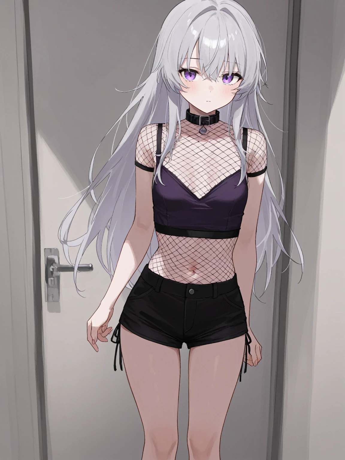 masterpiece, best quality, ultra-high-detailed, Disgusted face, white hair, red eyes, sigtuna julie , small breast, looking viewer like a trash , deep eyes , down shot, Warm body, hot body, A lot sweat , more sweat, hot temperature, sweating, Sweated a lot, warm room, bare shoulder, showing shoulder, Collarbone, Human, goth, emo, skinny, short, leather, crop top, shorts, , black corset, latex pants, bare shoulder, Collarbone, Tight thights, Front camera, Fit girl, muscle girl, fit body,