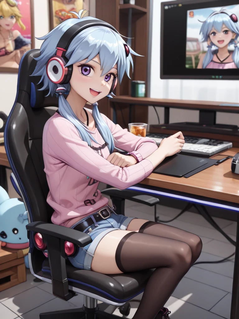 (masterpiece), best quality, ultra detailed, highres, (good hand),4k, high-res, (Hasselblad photography),(beautiful hands, perfect hands, fingernails), grin, smile, 
1girl, solo, twintails,micro shorts, denim shorts, tank top, open jacket, bare shoulders, jewelry, fur trim, fur-trimmed jacket, thighhighs, purple eyes, black hair, short hair, short shorts, cyberpunk,(cat ear headphones:1.5), science fiction, gaming chair,  v,
<lora:dtltwkr:0.7> <lora:ponsuke-10:1>