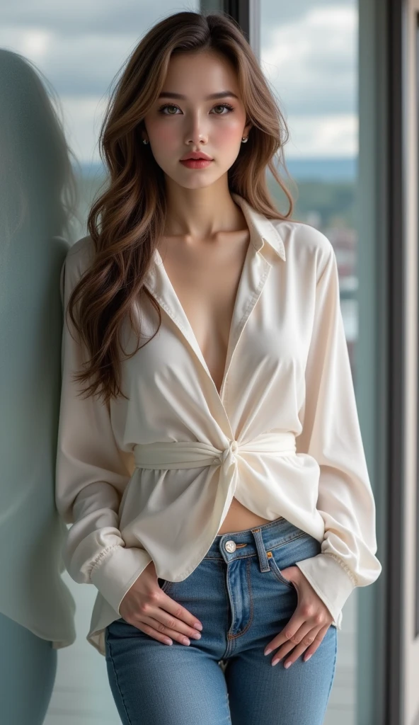 (masterpiece, photorealistic:1.4, extremely intricate:1.3), (photon mapping, radiosity, physically based rendering, ultra resolution, hyper-realistic, photorealistic:1.4, hyper-realistic, 8K), ((detailed woman, (soft loose red white flowerprint shirt, jeans, [ginger hair:dark hair:0.2], touseled hair, [flat chest:medium breasts:0.5]), lounging, couch, (looking away, mature), [makeup:natural:0.5], elegant:1.3), BREAK, (((bokeh, Fujifilm, volumetric dim)))
