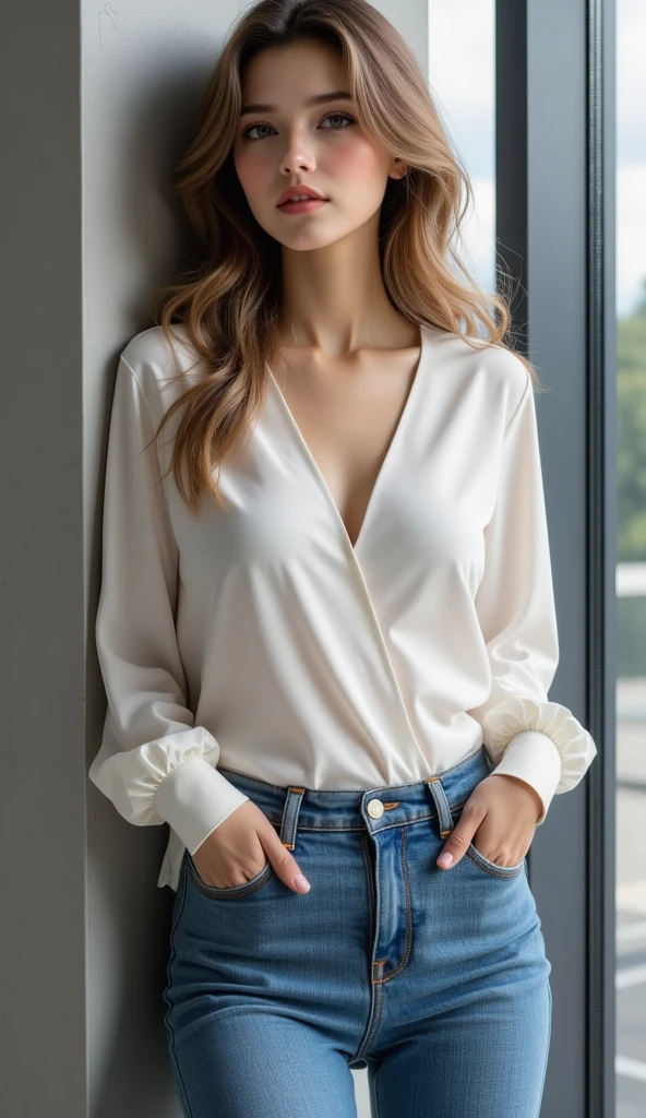 ((masterpiece, best quality, ultra-detailed, ultra-HD, photorealistic, cinematic)), ((alluring female model)), perfect body, voluptuous body, perfect anatomy, perfect face, perfect hands, large cleavage, round ass, long round legs, (Sleek and straight hair cascading down her back, deep ebony black hair), (wide shot, full body view:1.5), (a tailored, cream-colored blouse that complements the fitted dark indigo jeans), (fitted jeans boast a classic dark indigo hue, adding a touch of refinement to the ensemble), (A delicate pearl necklace and elegant wristwatch), (standing, sensual pose), (gradient background:1.2)