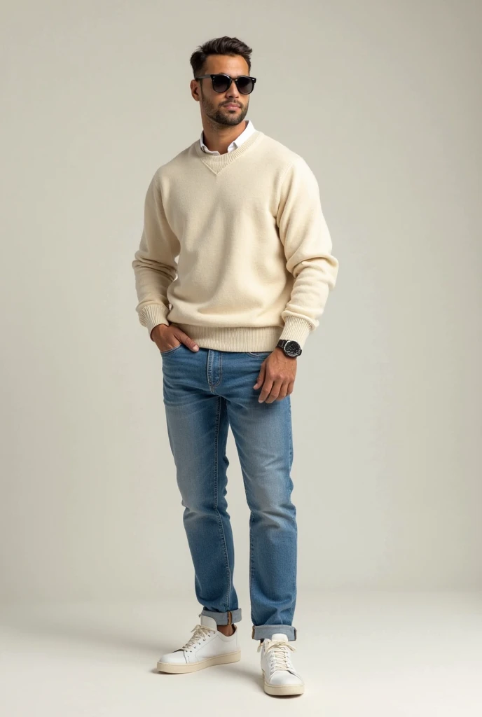 a 35 years old man with a beard living in a nice apartment, casual clothes, full body view