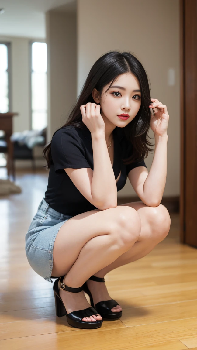 Move the center of gravity back,Feet forward with your hands outstretched,put both feet in the hand circle,very embarrassed,with no underpants,leotard skirt,knees at 90 degrees,hands in front of your feet,kneeling down,pedestrian walkway,RAW photos,8K,HighestQuali, 超高分辨率,Beautiful face details,Real human skin,Gentle expression,up front view,From the angle below,long whitr hair,realisticlying,realisticlying,adolable,(short skirt),Wear a short skirt,Squatting deep in the city,cute female student,Surreal 18 year old girl,full bodyesbian,Solid black short sleeves,thick leg