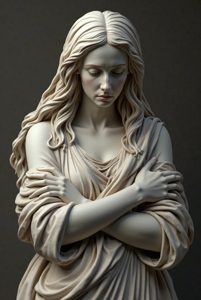 (La mejor calidad de imagen,4k,8k,High Definition,Obra maestra:1.2),ultra detallado,(natural,natural,natural:1.37)。escultura mujer epica griega (Escultura blanca pura,marble sculpture),(Tela de fondo oscuro.)
