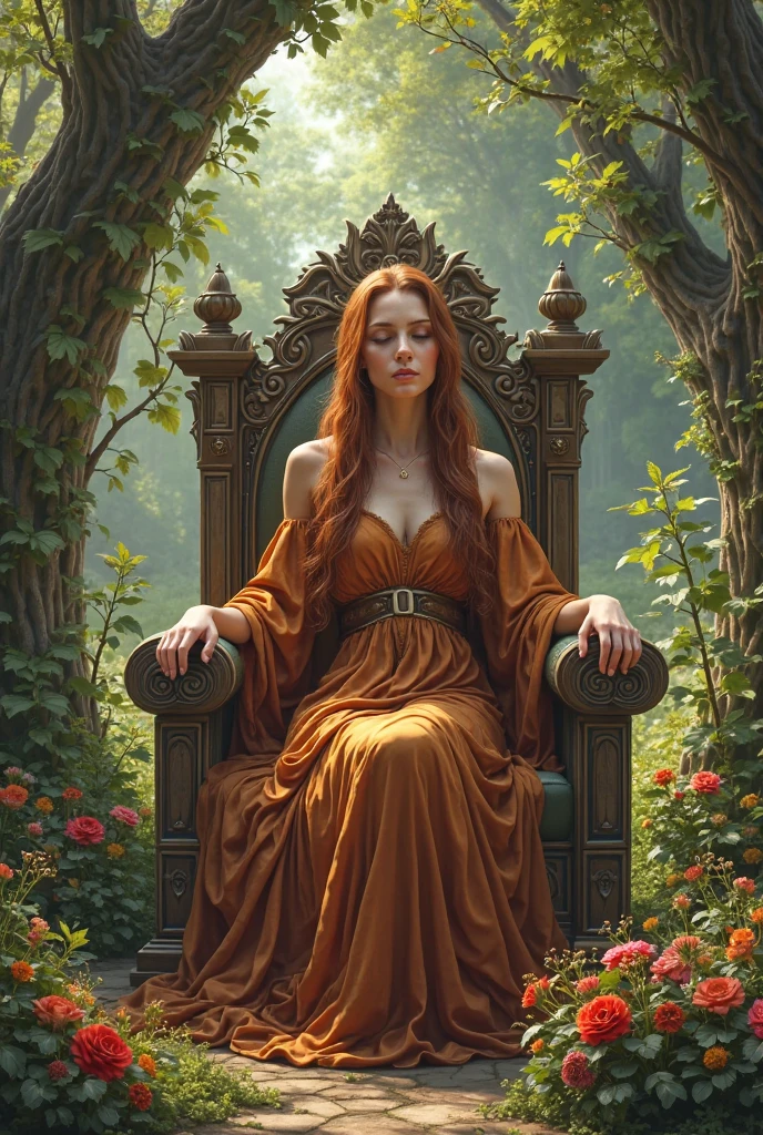 Red hair、woman、Throne、sit、Crossing your legs　Shine、Golden World、Fantasy art、