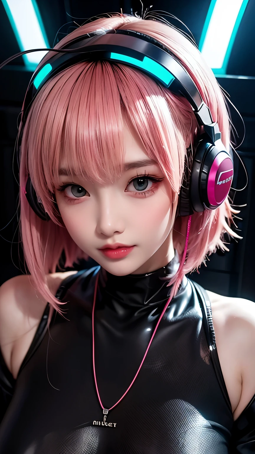 A Japanese girl with bright pink hair and glowing blue eyes, wearing futuristic headphones and a stylish black choker, recording a podcast in a neon-lit cyber studio. She speaks into a large desktop microphone. (talking), Behind her: colorful soundwave equalizers and digital screens glowing. High-tech atmosphere, anime style, vibrant colors, soft lighting, futuristic aesthetic