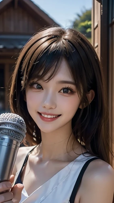 masterpiece, best quality, highly detailed, high resolution, expensive resolution, high resolution, 4K, 8k, Unity 8k wallpaper, highly detailed CG, masterpiece, 2D, 3D, beautiful details, depth, fine texture, best quality: 1.3, perfect focus, crisp skin, him, very cute, 20s girl, idol, holding a microphone and singing, short twin tails, mole under eye, looking at the viewer, expensive, blush, mole, open lips, heart shaped choker, pink eyes