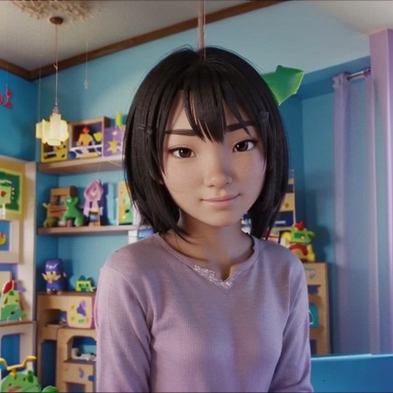 3D poster at Pixar capturing a scene with a woman with short straight dark brown hair, 12 year old dark brown eyes, brown skin color