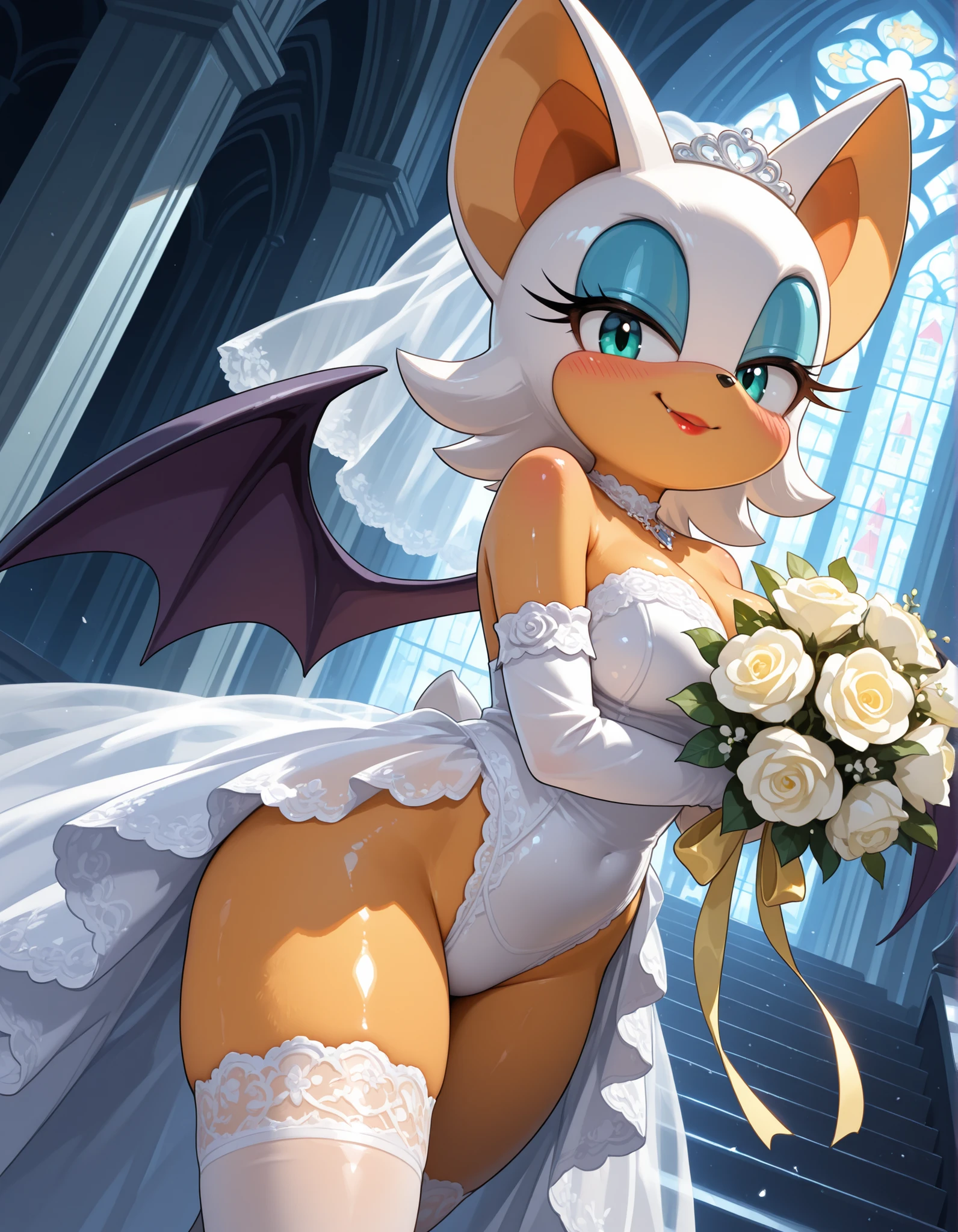 Millie, wedding, white wedding dress, holding flowers, happy, POV showing pussy, pubic hair, pussy juice, standing , to the audience, in public, vibrator in pussy