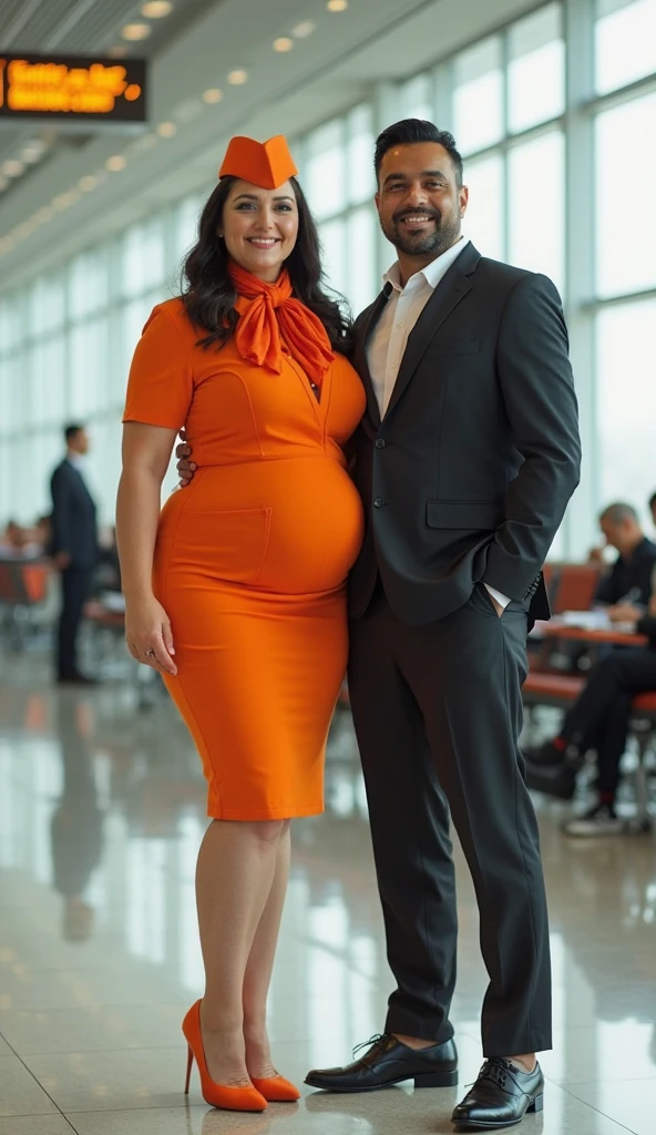 An elegant Italian woman, very pregnant, and a handsome man, walking next to each other in the park, kissing each other, The woman has ((gigantic breasts)) and is wearing a business blouse, very long business skirt and high heels