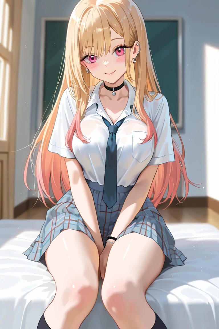 masterpiece, best quality, 1girl, solo, pulled down panties, long sleeves , sitting, school slut, classroom, hand on own face , head tilt, looking to the side, big breasts, smile, (pulled up top), nipples, (detailed pussy), (pulled down bottoms), by tekuho, spread legs, (bimbo), blonde, slut,
