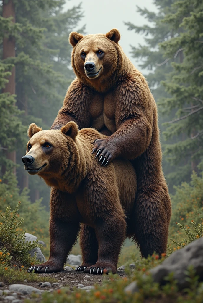 furry, fur taur, beartaur, middle-age, solo, detailed face, bear ears, bear eyes(brown), bear nose(black), bear mouth, garibaldi beard(white), mature hair(white), detailed arms, thick arms, muscular, thick hands(5 fingers), detailed body belly, thick body, muscle belly(brown), thick chest, chest hair(black), detailed taur body, thick taur body, thick bear paws, thick bear tail, full body shot, standing in the forest cabin