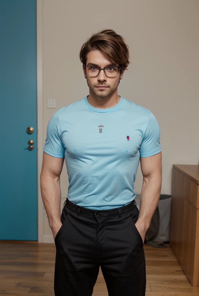 Melancholy，around，artistic conception，big occasion,outside,20 years old,Diffuse light，Chest muscles，Topless, stubble, Europeans and Americans,temple, Muscle tissue, Mature man,Bodybuilder，Golden-blue、Pure purple black，June，Dignified and elegant，temperament，short hair,The light is soft,black triangle underwear,full-body shot,CK Underwear,,handsome face,wearing glasses