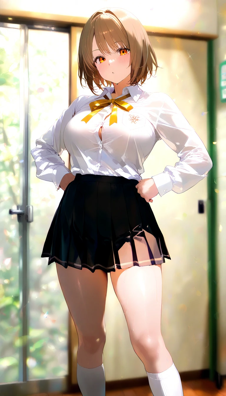 highest quality、one girl,full body figure、15 years old、big 、big 、Perfect five-finger、perfect legs、perfect legs、djeeta、djeeta、perfect thing、detailed description、small details、embarrassed face、detailed face、mini skirt、blonde、short hair、white panties、white panties、You can see the legs in the shape of pants、Skirt flip、lift skirt