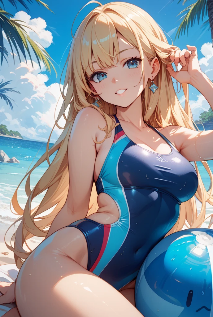 an anime girl、a matural female、beautiful a girl、solo、girl wearing a swimsuit、very long blonde girl、rating:safe、onepiece swimsuit、 Anime girl wearing an orange and black tank suit、Anime girl wearing a gold and black tank suit、 orange and black high leg racing swimwear、Gold and black high-leg racing swimwear、huge tit、Woman with very large breasts、garments:High-cut swimwear、shiny、Blue-eyed girl、shiny_clothes、wavy hair girl、grey_background、girl with half up hair、open_mouth、shiny_skin、covered_navel、cowboy_shot、smile、thigh_gap、shiny_hair、Competitive swimsuit、High Leg Racing Swimwear、looking_at_viewer、;d、simple_background、collarbone、blush、Anime girl standing、earrings、The best girls in anime、artwork in the style of guweiz、Detailed Digital Anime Art、perfectly shaded body、realistic anime 3 d style、beautiful attractive anime girl、realistic anime art style、realistic shaded perfect body、