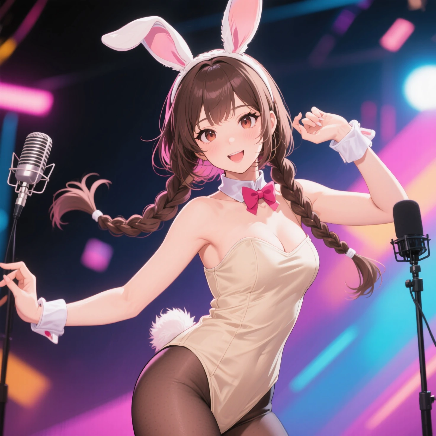 Masterpiece, high quality, anime screencap, (thousands of, crowd of), 100girls, crowd shot, girls close together, brown hair, long hair, curly hair, hazel eyes, decent bust, (playboy bunny, bunny girl uniform, leotard, black high heels), smile, flat_color, casino