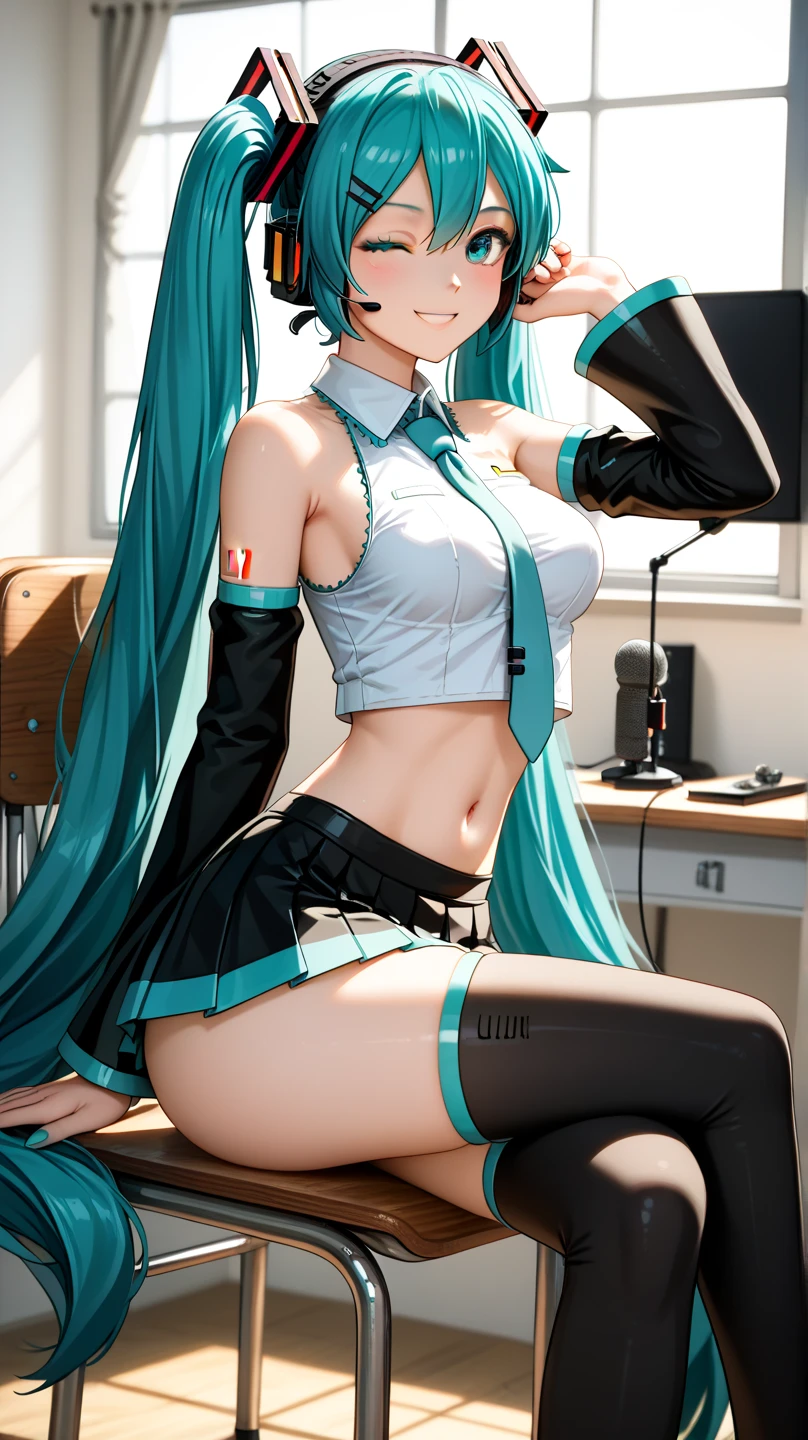(QUALITY:0) 8k, 8k wallpaper, (an extremely delicate and beautiful:1.1), (beautiful detailed eyes:1.3), (best illustration:1.1), (best quality:1.3), (best shadow:1.1), (cinematic lighting:1.2), detailed eyes, (detailed_light:1.1), (dreamy:1.1), (extremely detailed CG unity 8k wallpaper:1.1), highres, (masterpiece:1.3), official_art, ray tracing, (stylized:1.3), trending on artstation, (ultra_detailed:1.2) (STYLE & COMPOSITION:0) 1girl, (from_below, full_body:1.4), solo (POSE & EXPRESSION:0) blush, head_tilt, legs_apart, lips_apart, looking_at_viewer, standing, unamused (CHARACTER:0) aqua_eyes, aqua_hair, aqua_twintails, argyle_pantyhose, black_pantyhose, bare_shoulders, black_shirt, black_sirt, breasts_apart, crop_top, cropped_shirt, collarbone, Hatsune_Miku, high_heels, high-waist_skirt, lips, long_sleeves, makeup, (messy_hair:1.2), plaid_skirt, shiny_hair, shrug_\(clothing\), (small_breasts:1.3), very_long_hair (BACKGROUND:0) (TEXTUAL INVERSION:0)
 信息