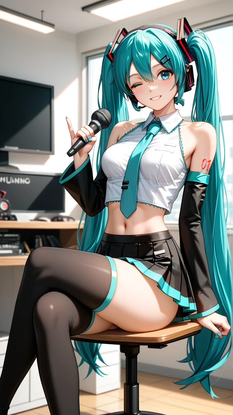 Hatsune Miku, pretty girl, lewd look, sensual posture, (miniskirt:1.5), topless, small tits, (areola and nipple protruding and clearly visible), see-through, singing while crouching, (wide open legs:,1.5), showing the audience her wet and sheer crotch, (squatting:1.3), facing the front, looking at the audience, music stage, beautiful, Ultra High Definition, Ultra High Definition, Masterpiece, Sharp Focus, Depth of Field, From Below