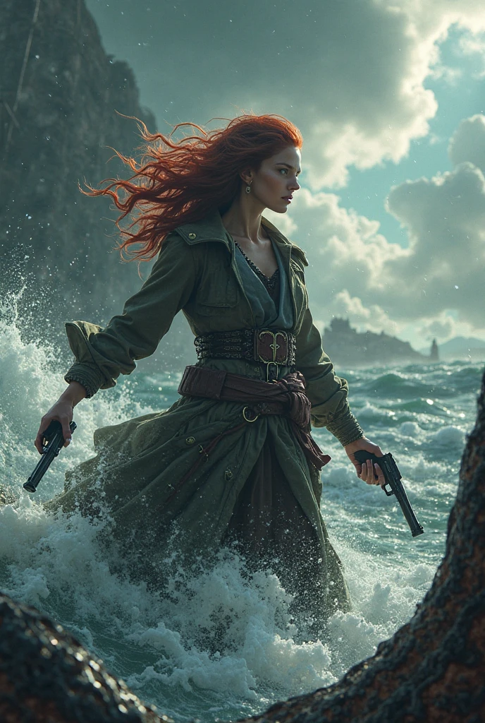 Penelope Featherington from the Bridgerton series, flustered with a sword in one hand and the other hand bleeding, A torn green dress, dirty and broken down to the legs. He has white skin and a bleeding hand, blue eyes, beautiful pink lips, medium build body and beautiful large breasts, short orange hair to the ears. She is on a pirate ship