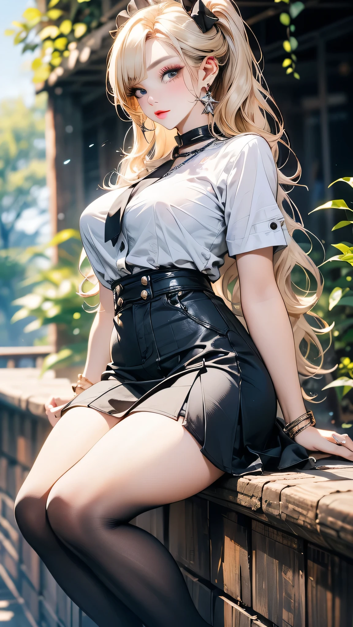 NSFW, 8k RAW photo, top-quality, masterpiece, 超A high resolution, film grains, filmg, 1girl in, looking at the viewers, natural skin textures, realistic eyes and face details, Full lips, lipsticks, (makeup), Red Eye Shadow, hair messy, A smile, closes mouth, Beautiful legs, skiny, slim_Legs, 独奏, cleavage of the breast, Skirt please,,, buttock, The shirt, Beautiful natural places, Around the position of the flower, (细致背景), plaid skirts, white shirt, cleavage of the breast, Show a little cleavage through the shirt, lowfers, blurry backround, bblurry, ngel, Plaid, shortsleeves, JK ribbon on neck, JK Ribbon, A bracelet, Eau, bangss, 校服, jewely, cparted lips, s lips, From the side, pleatedskirt, depth of fields、top-quality、masterpiece、超A high resolution、(Photorealsitic:1.4)、Raw foto、1 girl in、a blond、full body Esbian、large full breasts、Ultra exposed cleavage、erotick、Erotic look、gargantilha、二重まぶた、Loose and fluffy perm、semi long hair、student clothes、skiny