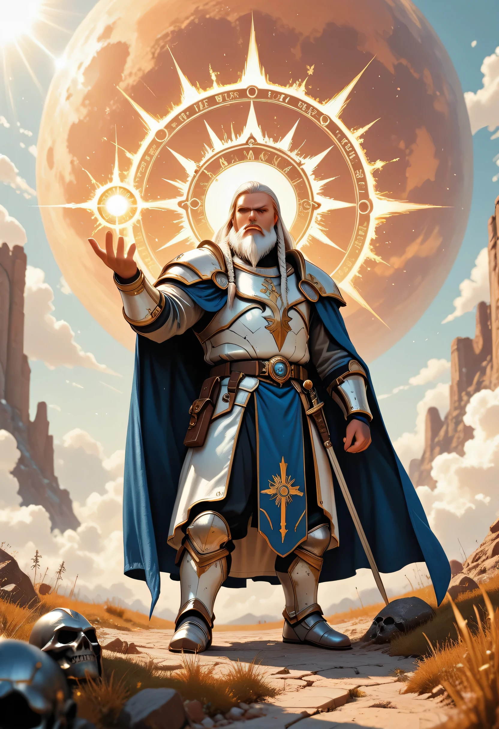 a comics anime portrait of a male, dwarf, cleric, paladin, casting a spell ,wearing heavy white armor with spikes , blue cloak with sun symbol, flowing, holy symbol, long hair , white hair, long braided beard, there is a red strands in the beard, frown, serious, high detail, Realism, Action painting, depth of field, god rays, wide shot, panorama, Ultra-Wide Angle, UHD, super detail, high quality, 16K, highres, dnddarkestfantasy perfect face, perfect body, ember,
