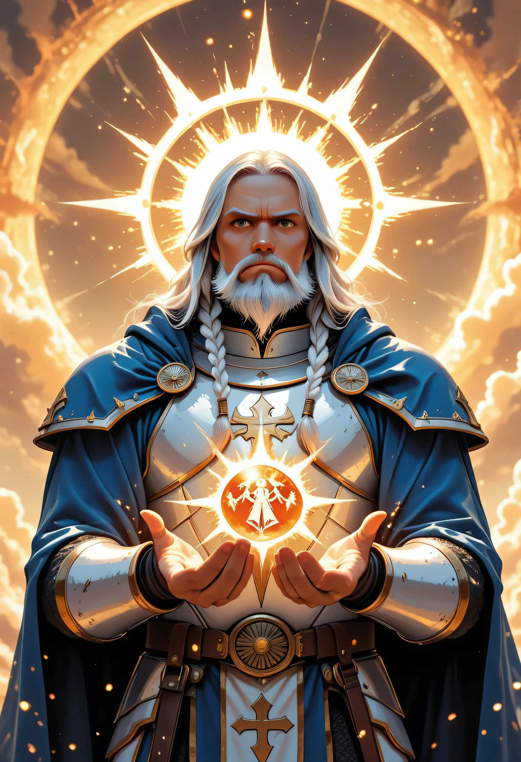 a comics anime portrait of a male, dwarf, cleric, paladin, casting a spell ,wearing heavy white armor with spikes , blue cloak with sun symbol, flowing, holy symbol, long hair , white hair, long braided beard, there is a red strands in the beard, frown, serious, high detail, Realism, Action painting, depth of field, god rays, wide shot, panorama, Ultra-Wide Angle, UHD, super detail, high quality, 16K, highres, dnddarkestfantasy perfect face, perfect body, ember,