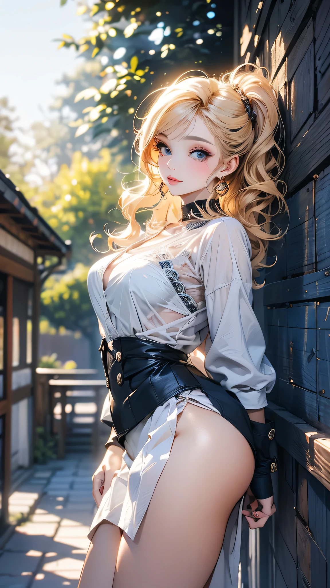 Blonde、Beautiful young woman、Twin tails、Yellow ribbon hair accessory、Realistic beautiful fingers、Black fishnet stockings、Light clothing in summer、Sheer clothing、Attractive clothes、Exposed skin、Transparent panties、Thong、