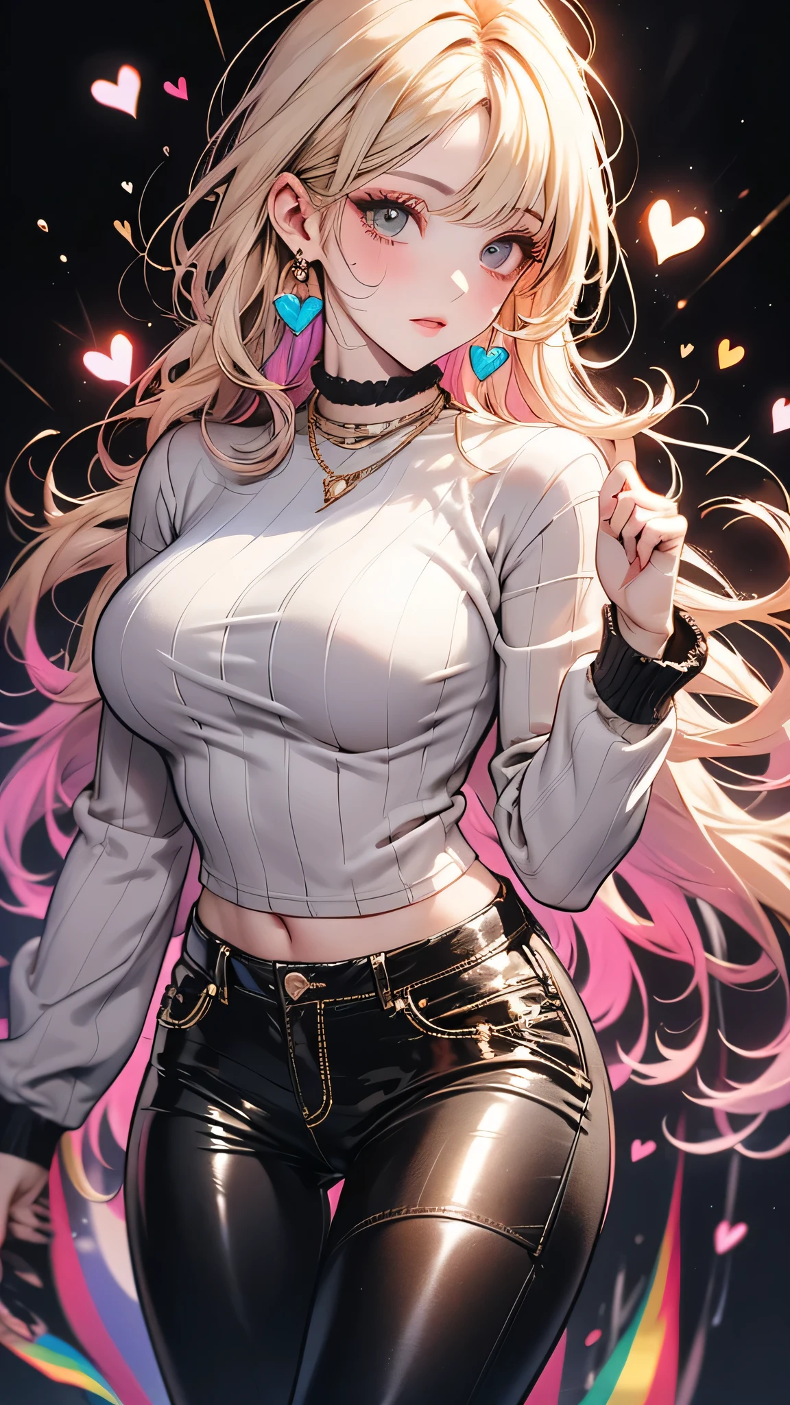 (Perfect Anatomy)、Mastepiece、Ultra High Quality、 8k、masterpiece、Highest quality、Ultra-high resolution、Maximum resolution、Very detailed、Professional Lighting、anime、woman、thin、Very beautiful face、Very beautiful eyes、(Highly detailed eye)、Highly detailed face、Blonde, (ahoge), wavy hair, Pink eyes, (gold hair, green dip-dye hair), stomach cutout, thigh boots, high heels, white mini pencil skirt, white off shoulder, makeup, eyeliner, eye shadow, pink cheek, pink lips, smile, underboob, full body, black T-back, grabbing own breasts,