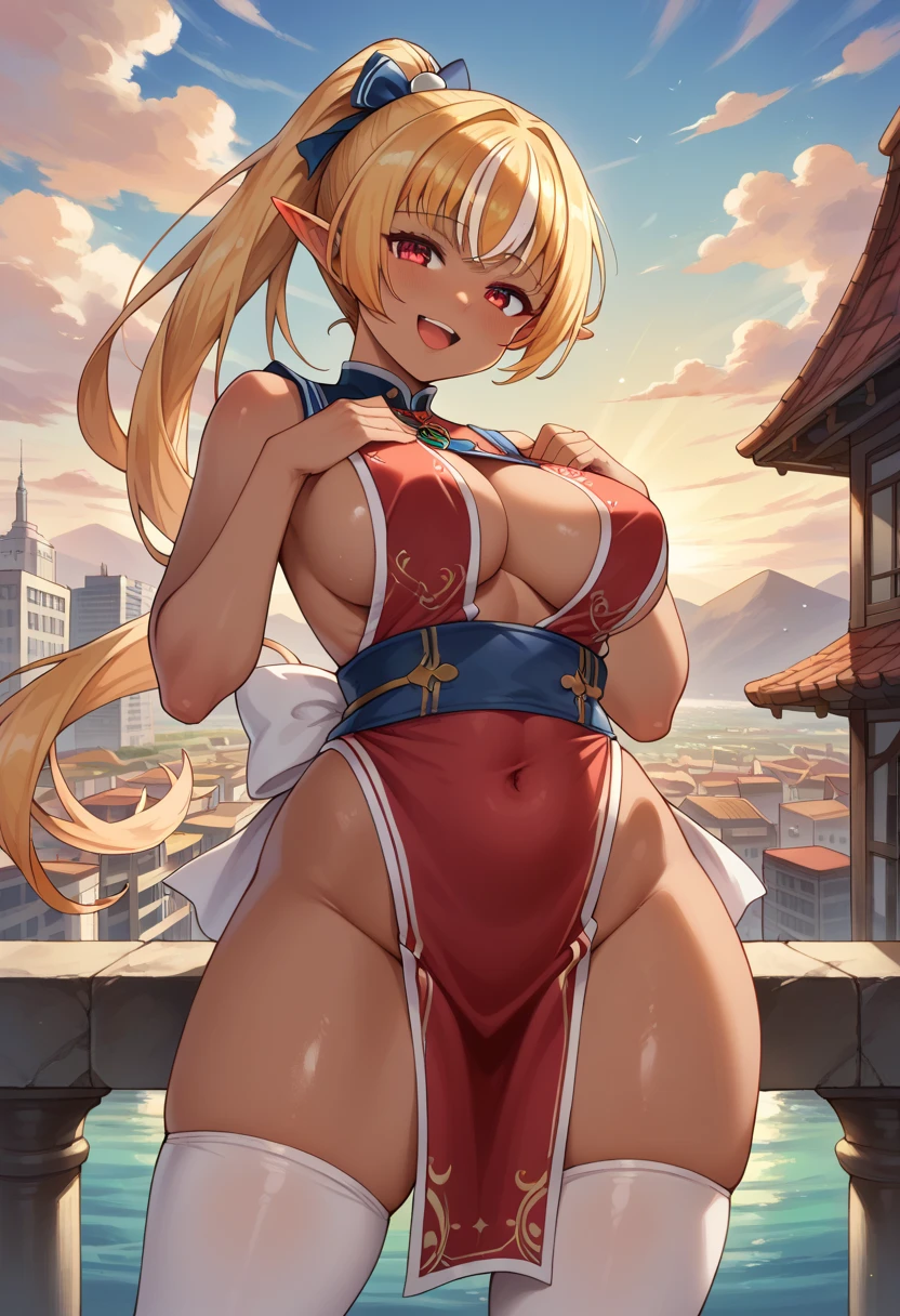 ((masterpiece)), ((best quality)), dynamic pose (nsfw), //, a cute girl, 1girl, solo, //, Fantasy elf costume. Green and gold long dress, a thin golden belt around the waist, with characteristic long elf ears, //, beautiful Golden blonde hair, ((beautiful eyes)), white-skinned, Long curly hair, big breasts, //, blush, laughing, cowboy shot, gradation, //, shiny-glistening, shiny body, gleaming