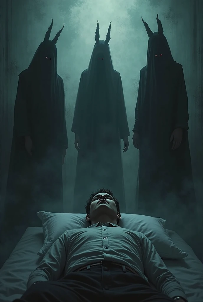 A dimly lit bedroom shows a young man lying paralyzed in bed, eyes wide with terror. Hovering above him are three shadowy, wraith-like figures resembling Dementors, draped in tattered black robes. Their faces are obscured, exuding a malevolent aura. Ghostly hands stretch towards him, as if draining his life force. The room is filled with a chilling, oppressive atmosphere, amplifying the sense of helplessness and dread, making the scene terrifying and surreal.