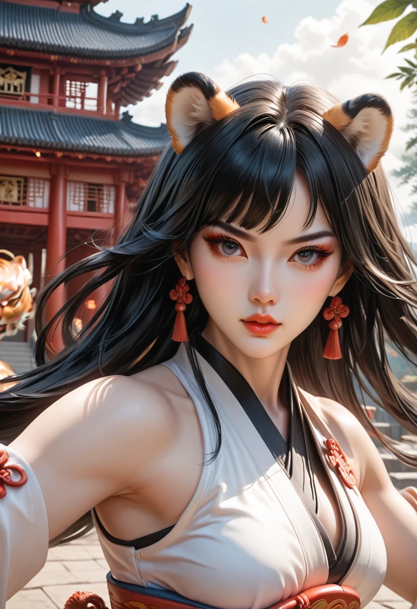 official art, unity 8k wallpaper, ultra detailed, beautiful and aesthetic, beautiful, masterpiece, best quality, dynamic angle, cowboy shot, the most beautiful form of chaos, elegant, a brutalist designed, vivid, romanticism, atmospheric, red and black kimono, kitsune mask, cleavage, fox mask, flaming background, dark background, abstract background