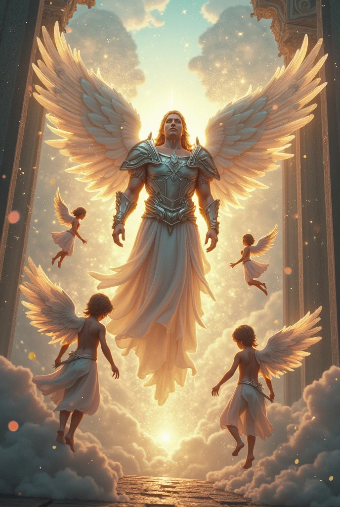 angels, Cherubs and a powerful archangel in armor, in a heavenly city full of light and joy. (and 3d)