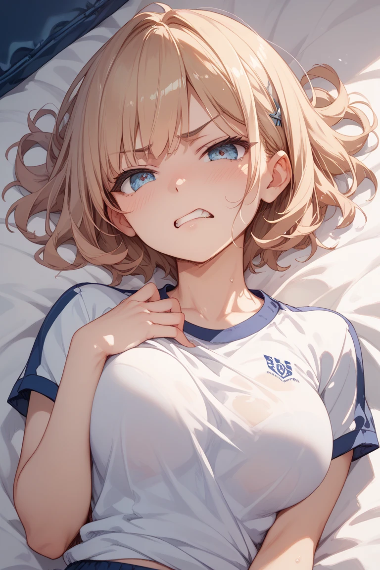 T-Shirts、Tight yoga pants、Crotch stain、Blonde、Ahoge、Short braided hair、Embarrassed face、Saber、、bed、Emphasis on the groin、Like the whole body、Toe emphasis、Sweaty、blush、