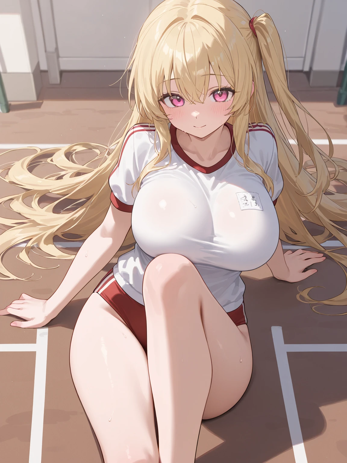 yanmiao2,1girl,solo,bangle,multicolored hair,wariza,shy,blush,masterpiece,best quality,<lora:add_detail:0.4>,navel,shorts,smile,red shorts,looking at viewer,cleavage,blush,bulge,huge breasts,very long hair,sportswear,collarbone,holding,volleyball,thighs,ball,bare shoulders,sports bra,short shorts,holding ball,futanari,midriff,(covered nipples:1.1),nsfw,(cameltoe:1.1),, masterpiece, best quality,