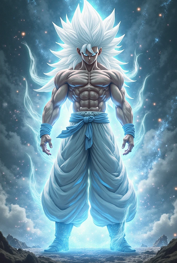 Super sayain cheveux blanc dans une salle de musculation prenant la pose de Zyzz