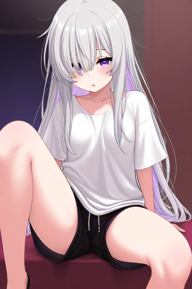 older woman, mature, middle-aged, solemn, serious, long hair, lavender hair, lavender hair, messy hair, messy hair, violet eyes, completely white skin, white skin, colorless white skin, no skin color, skin literally white, blank expression dark eye sockets, long plain black t-shirt, no pants, indigo panties, dark, dark bedroom, abandoned bedroom, night, dim light, dark lighting, dark, dark, dark, night, night, night