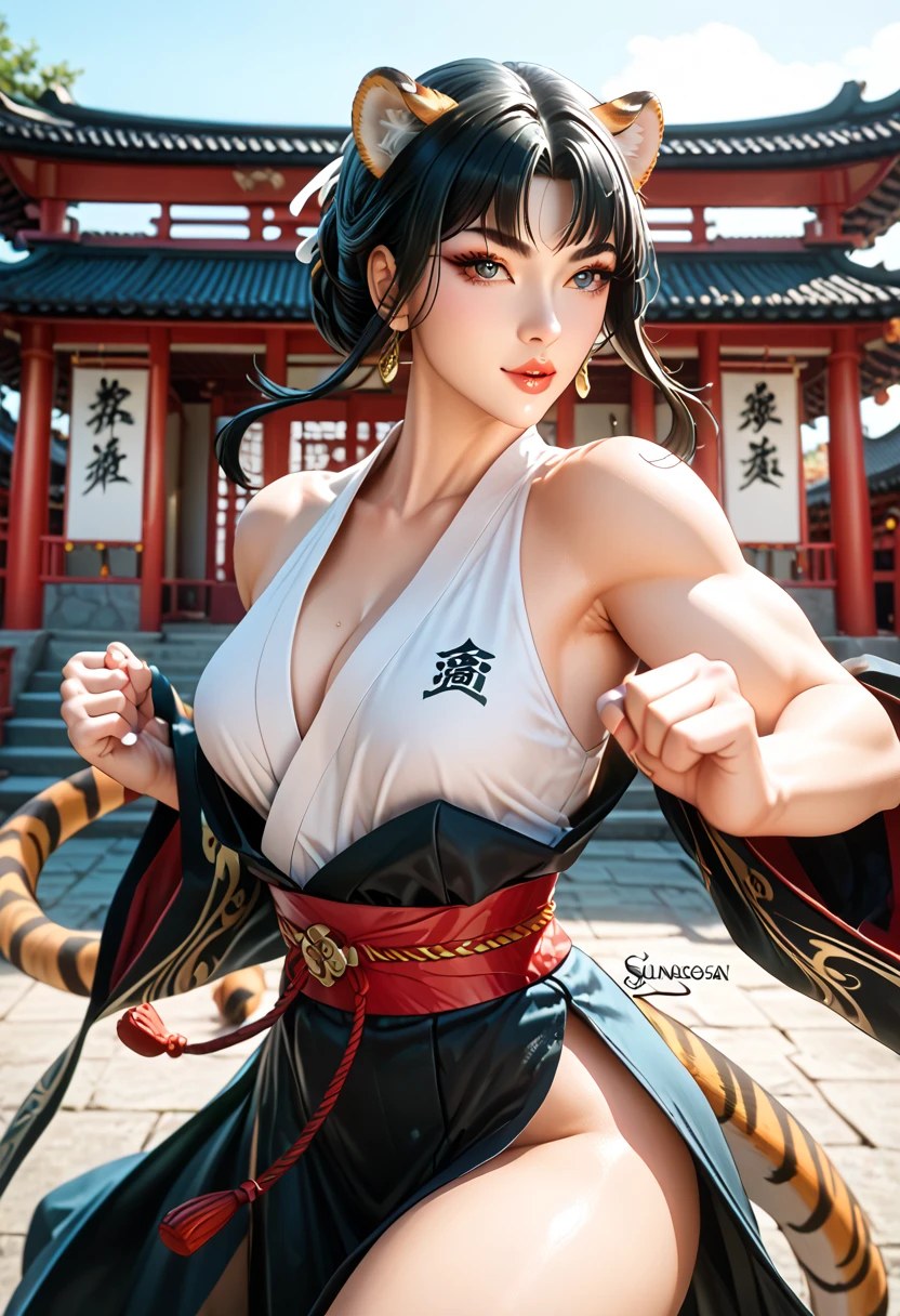 She is a tiger beastman、Jumping、There is a sense of dynamism、Yellow eyes、Her skin is very beautiful、