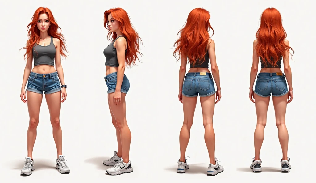 multiple views of the same character, model sheet, Character Sheet: Close-up of a very beautiful, woman in detailed shorts and t-shirt, ((character concept art)), ((character design sheet, same character)), casual style clothes, expert high detail concept art, (((long reddish-blonde hair and captivating eyes, athletic slim body, medium breasts.))), tank top, jean shorts, plain background
