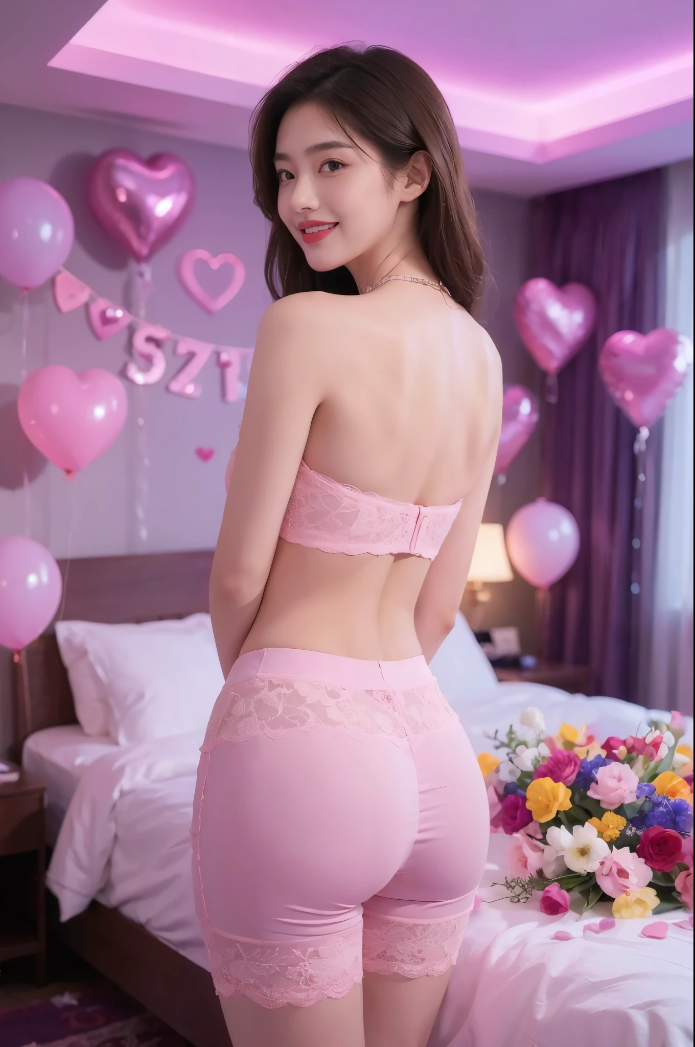 Asian beauty in her 30s smiling bewitchingly,30-year-old female,I have a hair band on my head,pink companion girl,short bob cut brown hair, It emphasizes boobs,A plump body with sexual appeal,Shiny skin,Are standing,Tempting Pose,足を閉じてAre standing, Highlight very big breasts,Emphasizes large cleavage,Chest pressed together,My tight breasts seem to break in a pale pink bra with shiny neon lights, Big boobs shrouded in a cramped shiny pink bra,plump big boobs,I'm wearing shiny white overknee socks with a strong luster, shiny overknee socks,chewy overknee socks,Sexy white shiny bloomer with a strong shiny shiny white full back, A white shiny bloomer with a floral pattern full back that is smooth to the touch,chewy white overknee socks,A shiny bloomer with a strong luster,Sexy white pantyhose that fit tightly to the thighs, I'm wearing shiny white pantyhose up to my thigh,Light white bluma with high cut and high legs,Voluptuous thighs,乳首はAre standing,A lingerie bra that brings in huge breasts and emphasizes cleavage, Big, plump buttocks with a round shape,Puri puri's erotic and cute butt,Highlight your sexy butt yourself,Shiny white full back shiny bloomer with strong luster,I'm wearing shiny pantyhose up to my waist I'm wearing a shiny white bloomer that sticks perfectly to my butt,Sexy Poses to Invite a Man,The smooth and pleasant to touch full-back shiny bloomers buttocks, A shiny white bloomer with a smooth feel that makes you want to stroke,Buttocks that make you want to stroke,I'm wearing a shiny pink full back bloomer over beautiful white pantyhose, A tight, shiny white bloomer,white shiny floral print over the knee socks, Shiny white bloomer panties with high cut, high leg, and strong luster on the front, The back side is a shiny pink bloomer with smooth fabric,shiny white full back bloomer,Shiny pink panties are sticking out of the bloomer,Hands behind the head, 足をクロスしてAre standing,sexy high leg shiny bloomer,full back white panty bloomer, Shiny white bloomer with a smooth, smooth feel,I'm wigging my hips and inviting me to have sex,The whole body is shown,The background is a love hotel bed,smooth white overknee socks,Full body portrait, I'm holding back my hair with a hair band,Ribbon attached,Highlight ,Emphasize the cleavage of the