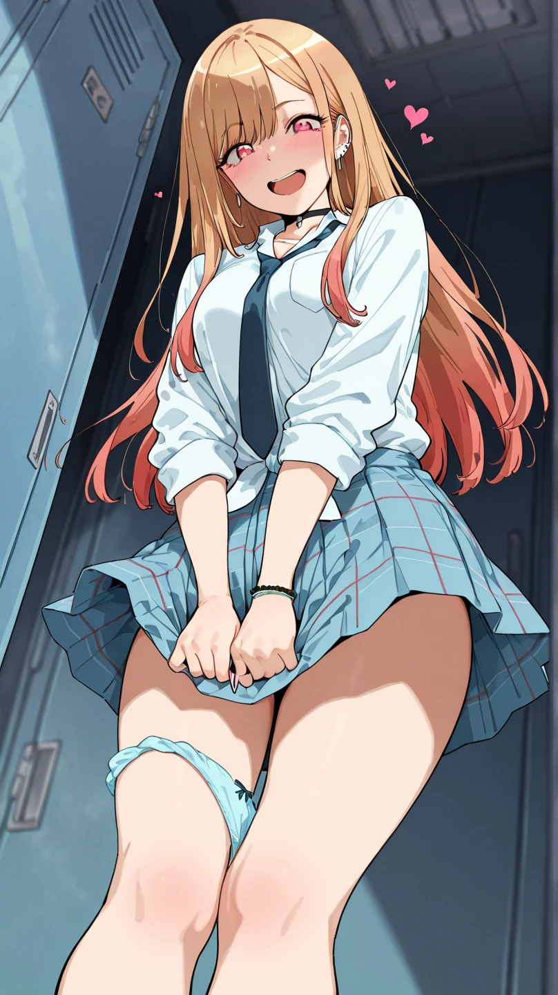 (俯瞰figure),dynamic angle,Super detailed, figure, close, straight, 1 girl, ((Soryu Asuka Langley, Uniforms of the 3rd Shin-Tokyo Municipal Daiichi Junior High School:1.4, blonde)),Her eyes shone like 夢のような stars,(shining eyes:1.233),(beautiful and detailed eyes:1.1),(No expression,closed mouth),(Are standing), [[delicate fingers and hands:0.55]::0.85],(finger details), (woman puts her right hand in her panties:1.7), fingering, (pussy juice:1.2)),embarrassed expression、The expression that you are holding back from going to the toilet, (sexual pleasure expression:1.4), (expression of agony:1.2)、close your eyes、sexy look、look upward、The skirt is flipped up