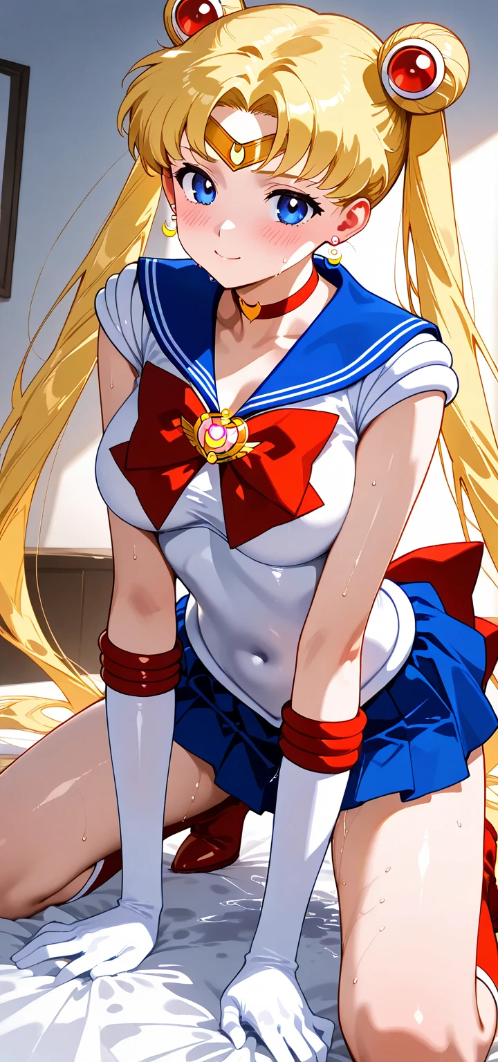 masterpiece、High resolution、High resolution、4K、8k、(((Spread your legs、Big Breasts、Exposing the breasts)))、((Shiny underwear、Wearing boots)))、Sailor Warrior Uniforms、Beautiful beauty、Long golden hair、((whole body))、(((Photo taken from below)))、School、classroom、Large Breasts、Big Breastini skirt、Panties are black、Japanese、expensive、Long limbs、18-year-old、tsukino usagi、Tsukino Usagi、Sailor Moon、A beautiful nose like a model、Please put your hands on your hips、Natural smile、Sexy pose、Her hairstyle is twin tails..、Beautiful belly button、ニーハイWearing boots、Absolute area、Cowboy Shot