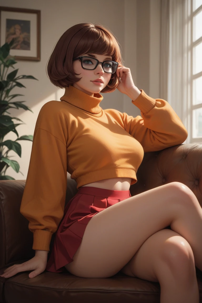 HD, 8k quality, masterpiece, Anna Kendrick doing a cosplay of Velma, dream girl huge tits, beautiful face, kissing lips, short bob hairstyle, long bangs, perfect makeup, realistic face, detailed eyes, blue eyes, brunette hair, eyelashes, smile grin, bedroom, sitting on bed, showing cameltoe, eyes at viewer, orange knitted turtle neck sweater, clear lens glasses, red school girl skirt, view from below,