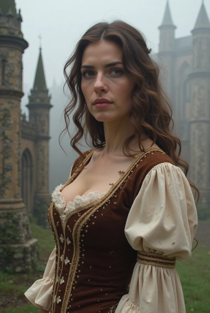 (Thirty year old) woman, standing, wearing a (beige flowing Victorian peasant dress with dark grey under bust corset:1.2), long legs, dreamy photo, looking straight at camera, slight smile, full lips, beautiforchard scene, Apple trees, Victorian gothic, misty, andre kohn, Canon, (Detailed features::1.2), real life. Hayley Atwell, intricate, 8k, highly detailed, (extremely detailed CG unity 8k wallpaper), ((square jaw)), (well defined jaw), (downturned lips), (detailed anatomy), Hyperrealistic full shot body image, trending on CGSociety, Intricate, High Detail, Sharp focus, dramatic, volumetric lighting, digital painting, intense, modelshoot style, (extremely detailed CG unity 8k wallpaper), full shot body photo of the most beautiful artwork in the world, pearl skin, professional majestic oil painting by Ed Blinkey, Atey Ghailan, Studio Ghibli, by Jeremy Mann, Greg Manchess, Antonio Moro, trending on ArtStation, photorealistic painting art by midjourney and greg Rutkowski